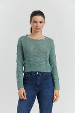 Charger le modèle 3D dans le visionneur de galerie, PULL FACON CROCHET FANTAISIE AMYRIA VERT CELADON
