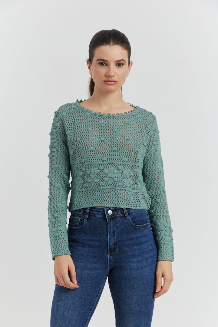 PULL FACON CROCHET FANTAISIE AMYRIA VERT CELADON