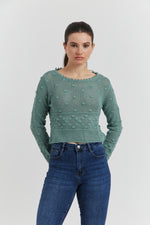 Charger le modèle 3D dans le visionneur de galerie, PULL FACON CROCHET FANTAISIE AMYRIA VERT CELADON

