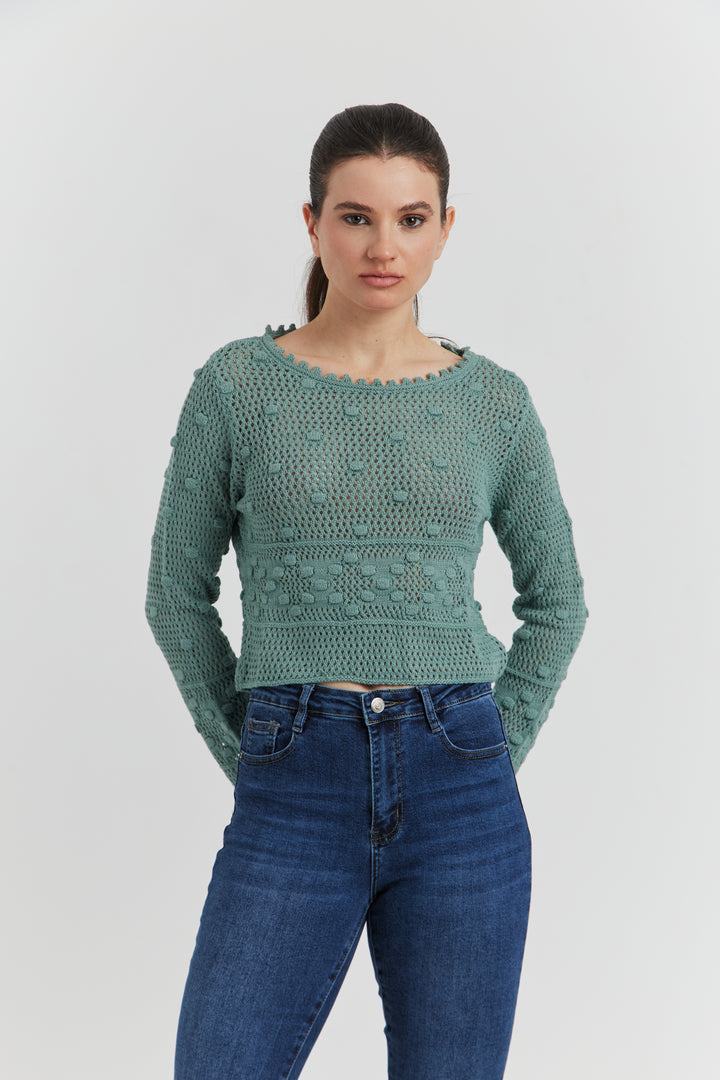 PULL FACON CROCHET FANTAISIE AMYRIA VERT CELADON