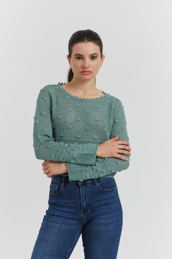 PULL FACON CROCHET FANTAISIE AMYRIA VERT CELADON