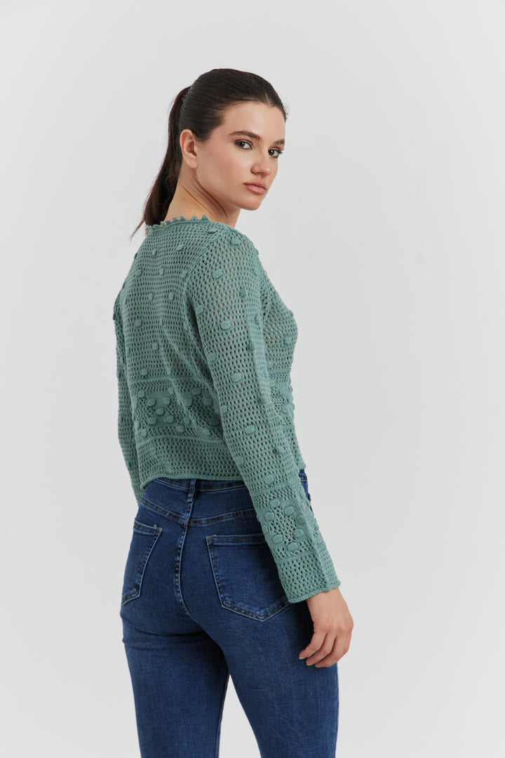 PULL FACON CROCHET FANTAISIE AMYRIA VERT CELADON