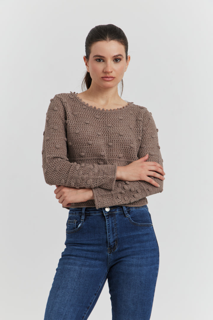 PULL FACON CROCHET FANTAISIE AMYRIA TAUPE