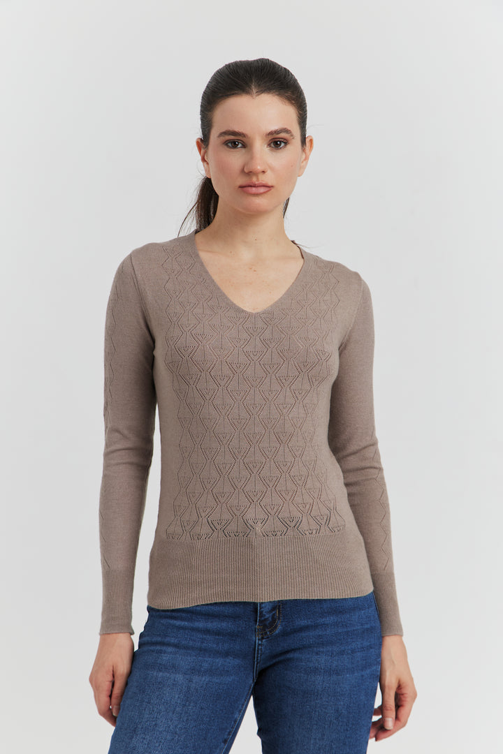 PULL V FANTAISIE AJOURE LYRIA TAUPE
