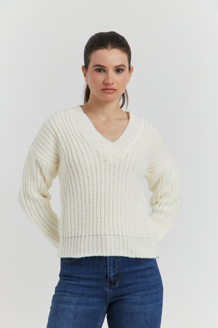 PULL GROSSE MAILLE V CYNEA ECRU