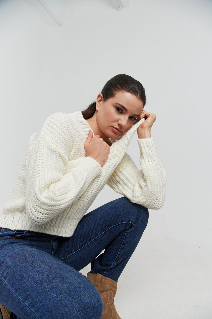 PULL GROSSE MAILLE V CYNEA ECRU
