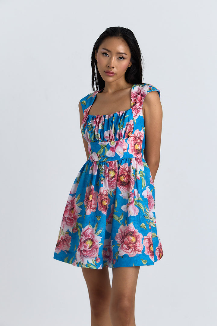 ROBE COTON AURORE IMPRIME FLEUR FOND BLEU