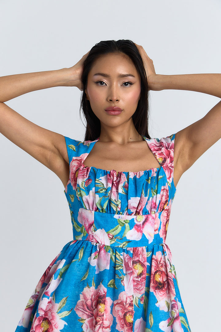 ROBE COTON AURORE IMPRIME FLEUR FOND BLEU