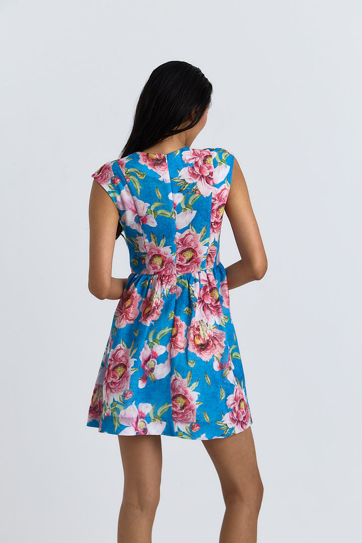 ROBE COTON AURORE IMPRIME FLEUR FOND BLEU